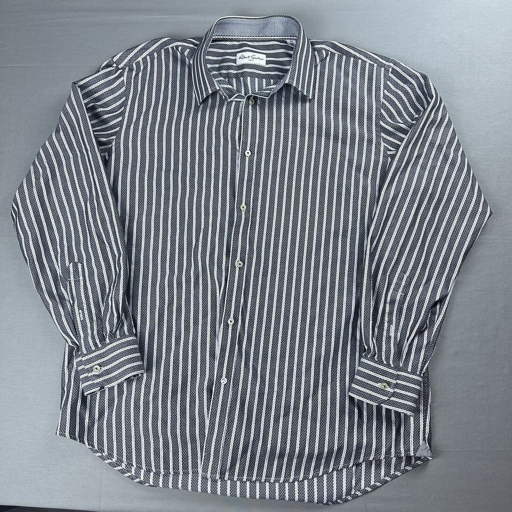Robert Graham Shirt Mens XL 17.5 Gray Striped Herringbone Formal Long Sleeve